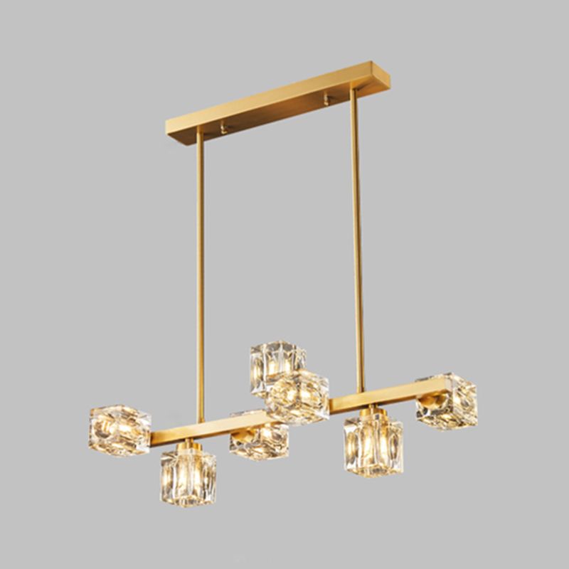 Contemporary Island Light Fixture Crystal Cube Island Lights in Gold for Kitchen