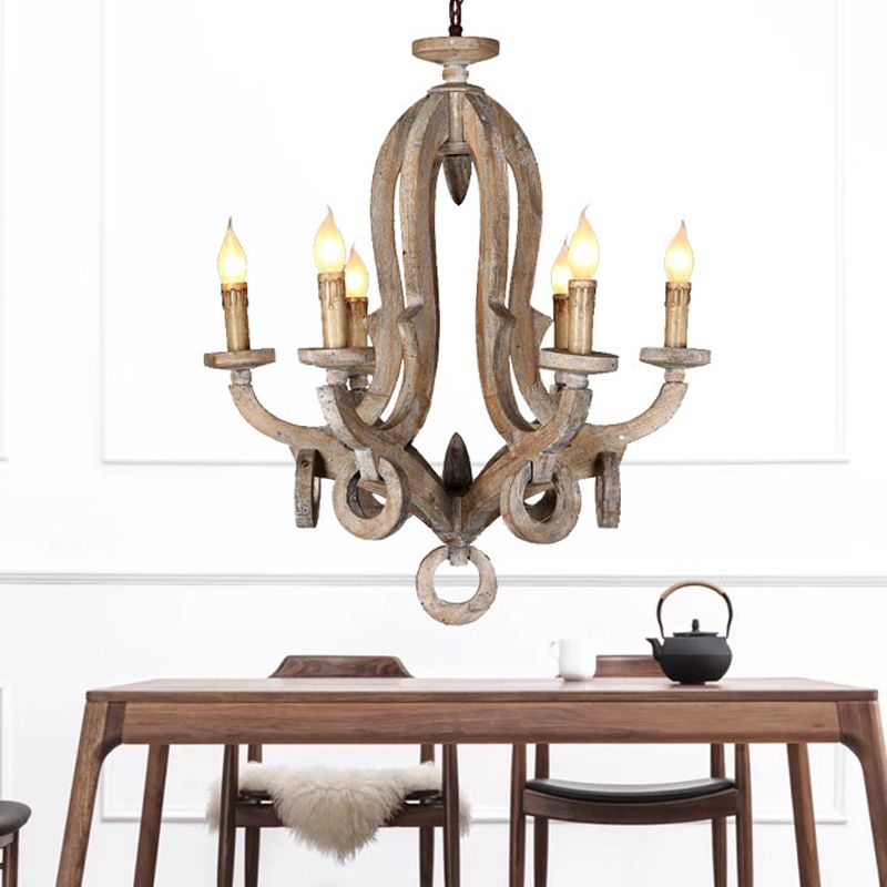 Wood Sputnik Chandelier Lamp Retro 6/8 Bulbs Brown Pendant Lighting Fixture with Adjustable Chain