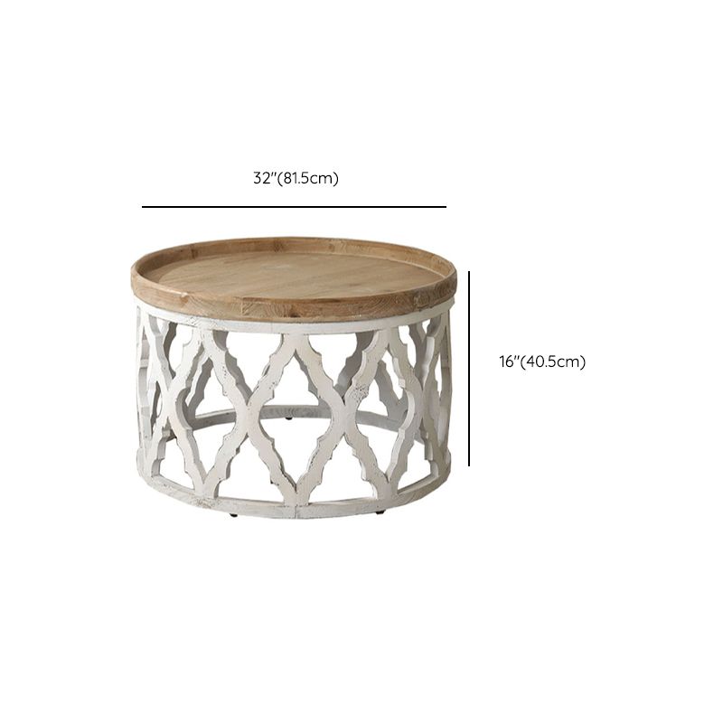 Rustic Drum Side Table Solid Wood Sofa Side Accent Table in Distressed White