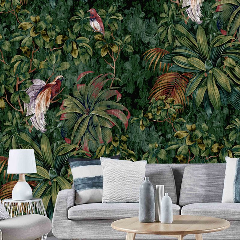 Big Photo Style Birds Mural Wallpaper for Living Room Decoration in Green, Custom Size Available