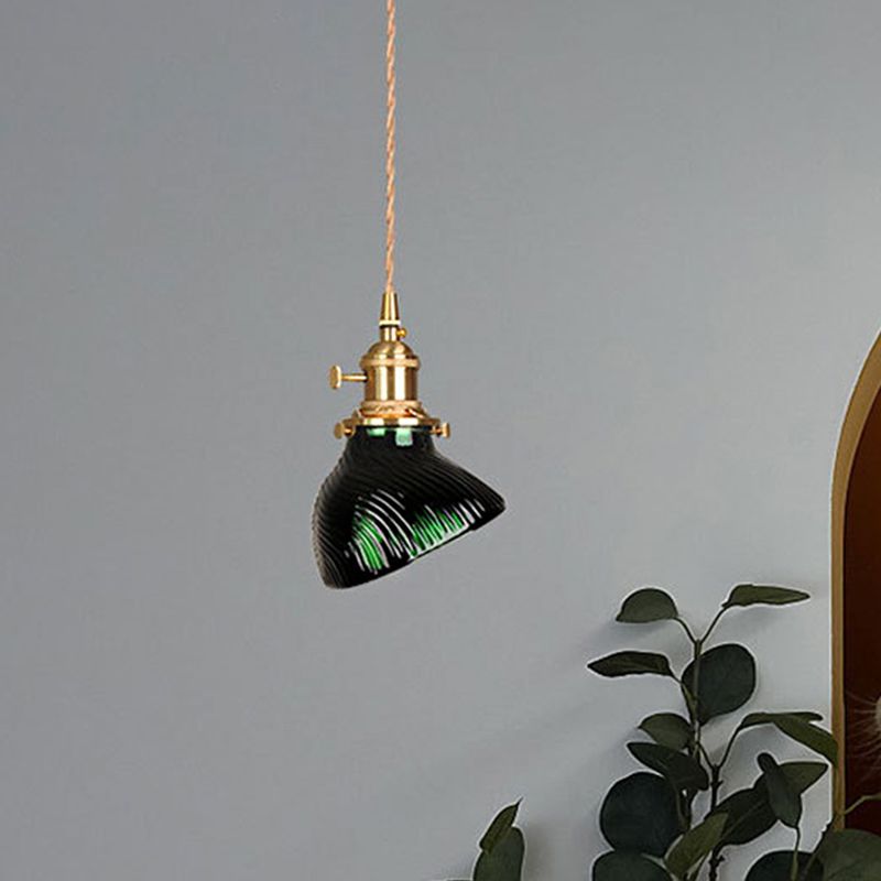 1 Light Textured Green Glass Pendant Vintage Brass Drum/Bowl Bedside Hanging Light Fixture with Rotary Switch