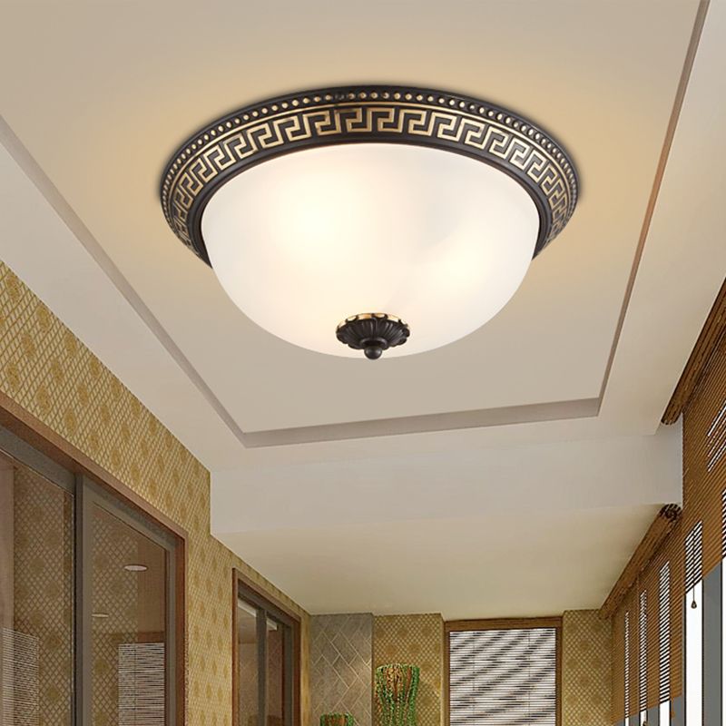 Dome Opaline Glass Ceiling Lighting Retro 2/3-Bulb Bedroom Flush Mount Light Fixture with Swastika Pattern in Black-Gold