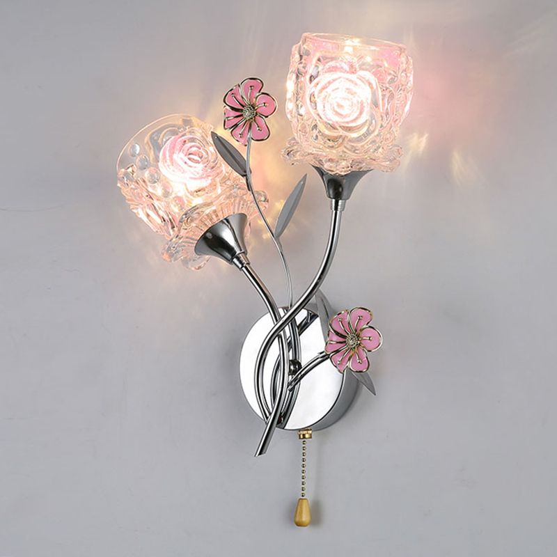 Modern Flower Flush Mount Wall Sconce 2-Light Bedroom Wall Sconce Lights with Grass Shade