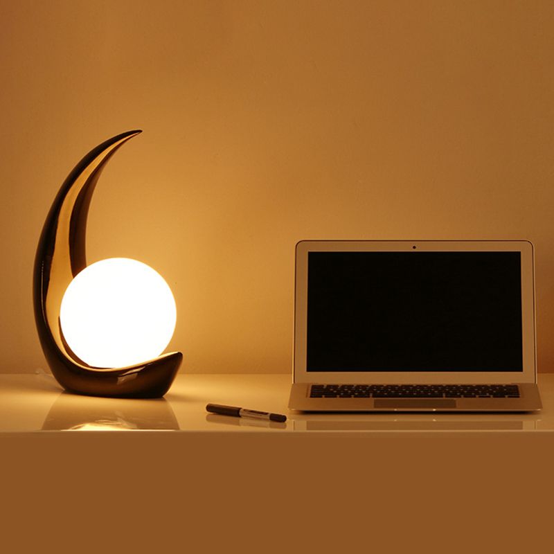 Crescent Resin Night Lamp Nordic 1 Bulb Table Light with Spherical Milky Glass Shade