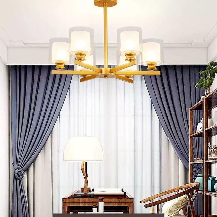 Nordic Style Metal Lighting Chandelier Cylindrical Double-layer Glass Shade Suspension Light for Dining Room