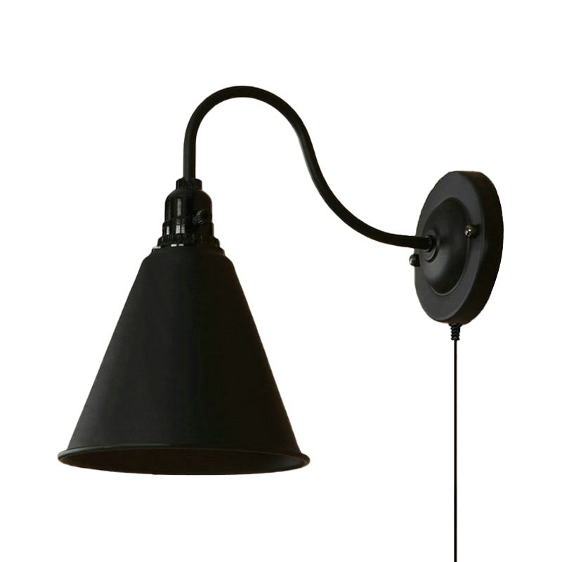 1 Light Tapered Wall Sconce with Plug-In Cord Industrial Black Metallic Sconce Light for Front Door
