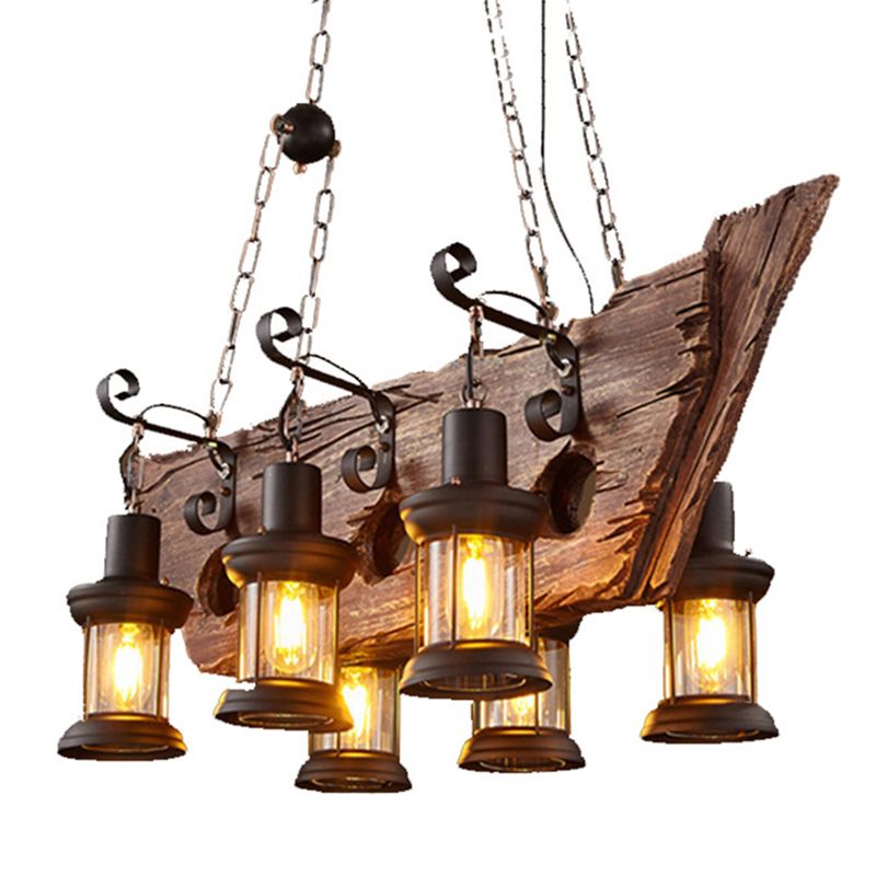 Wrought Iron Adjustable Island Pendant Light in Industrial Vintage Style Wooden 6-Light Ceiling Light for Dining Room