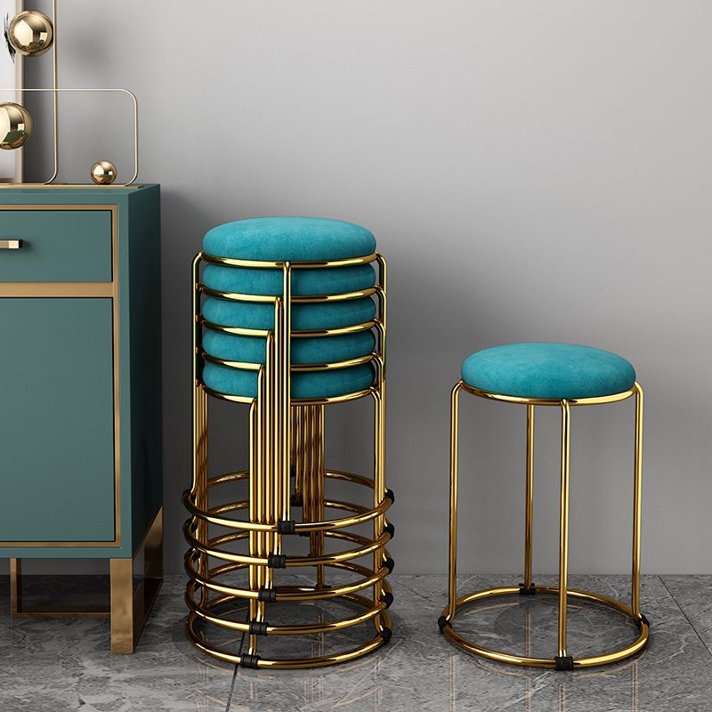 Velvet Upholstered Ottoman Solid Color Round Contemporary Metal Frame Ottoman