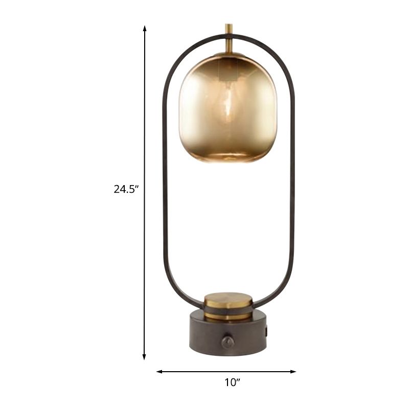 Luz de mesa de noche de metal con anillo ovalado, lámpara LED negra moderna de 1 cabezal con pantalla de cristal ámbar
