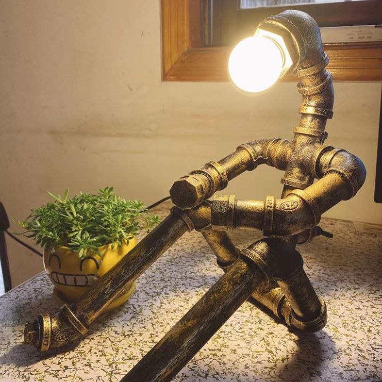 1-Light Wrought Iron Table Lamp Industrial Antiqued Brass Piping Bedroom Night Light