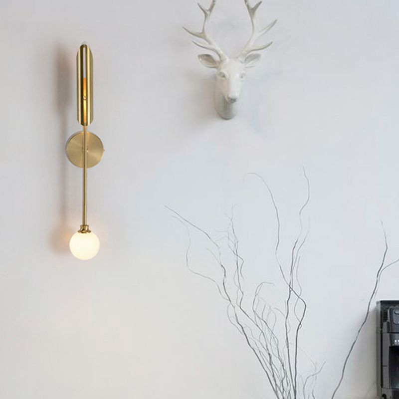 Brass Pencil Arm Sconce Light Minimalist 1 Bulb Metal Wall Mounted Lamp with White Glass Shade