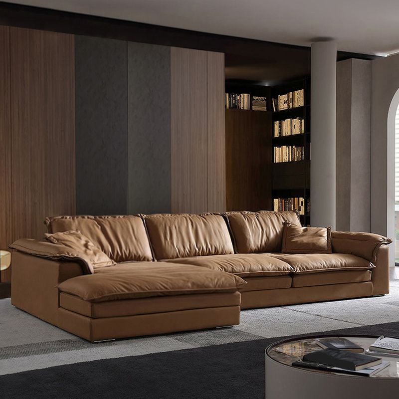 Brown Pillow Top Sofa & Chaise Faux Leather Loose Back Sofa - 30.7" H
