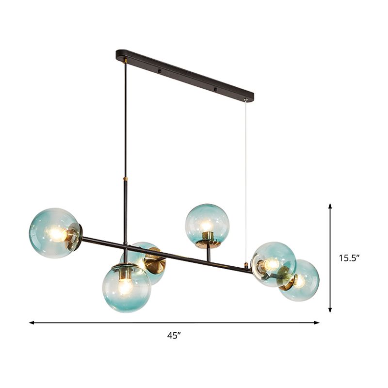 Industrial 6-Light Island Pendant with Amber/Milky White/Gradient Blue Glass Shade Brass Ball Ceiling Light with Adjustable Cord