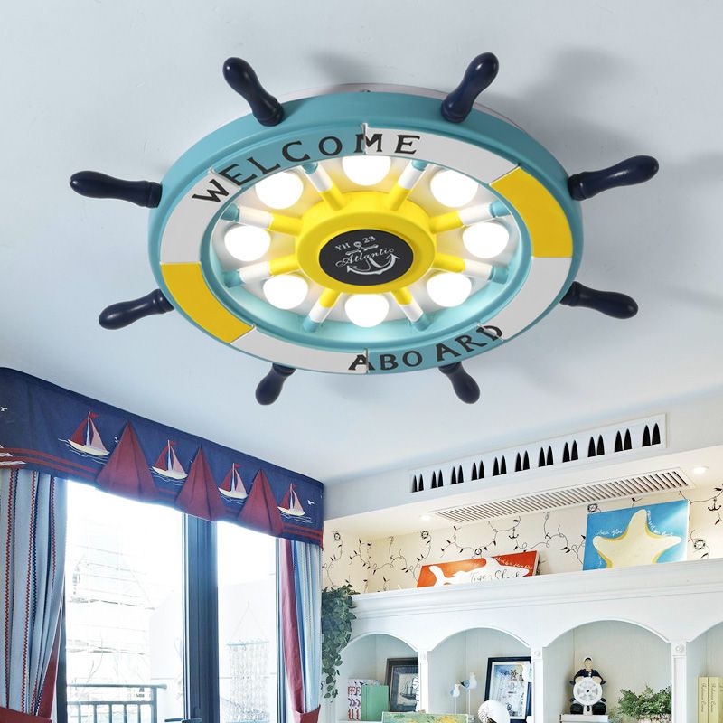 Children's Room Ceiling Light Creative Boy Bedroom Mediterranean Style Ocean Cartoon Wooden Pirate Ship Rudder Energy-saving Lamps