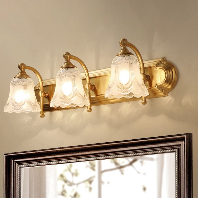 Bathroom Decoration Wall Light Sconce Brass Armed Wall Mounted Mirror Front in Ribbed Glass Shade