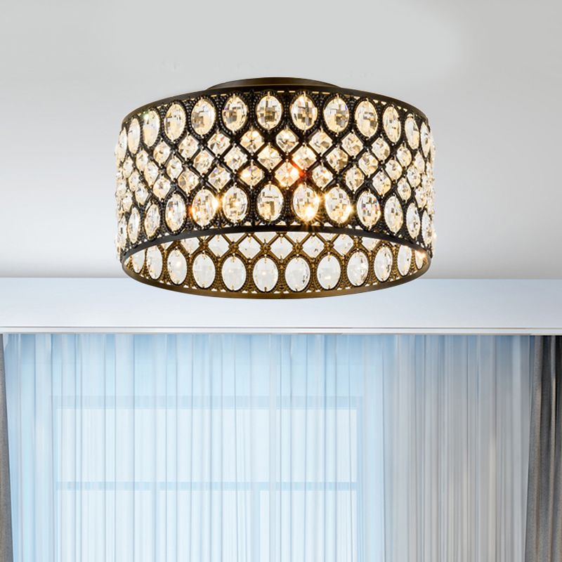 Modern 3 Lights Ceiling Light with Metal and Crystal Black Cylinder Flush Mount Light