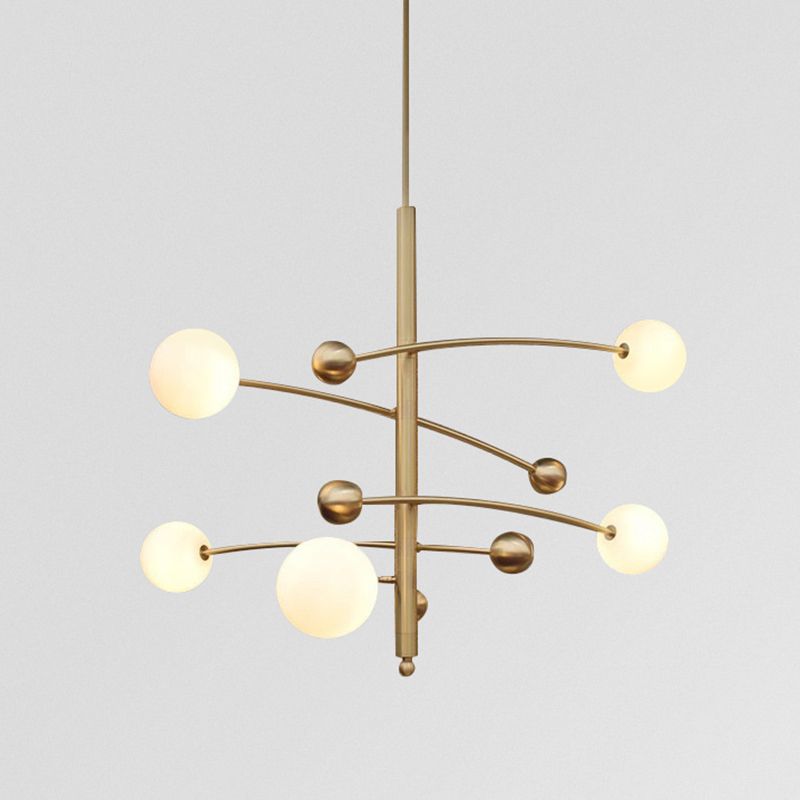 Post-Modern Hanging Chandelier Light Opal Glass Shade 5 Light Ceiling Chandelier in Gold for Bedroom