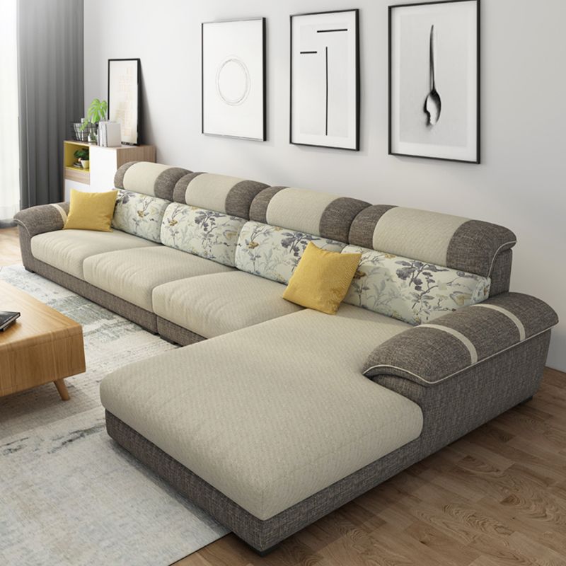 Cushion Back Contemporary Chaise Cotton 4-Seater Modular Sofa