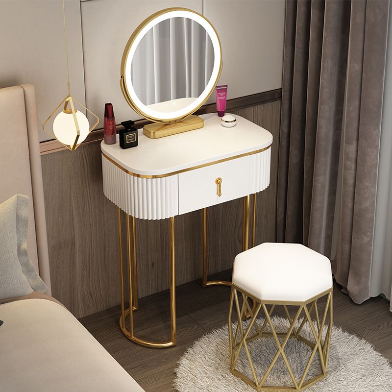 Glam Wood Frame Makeup Vanity Drawer Vanity in White with Gold Base