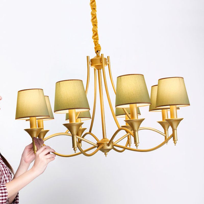 Minimalism Candlestick Chandelier Light Metallic Pendant Light Fixture with Tapered Fabric Shade