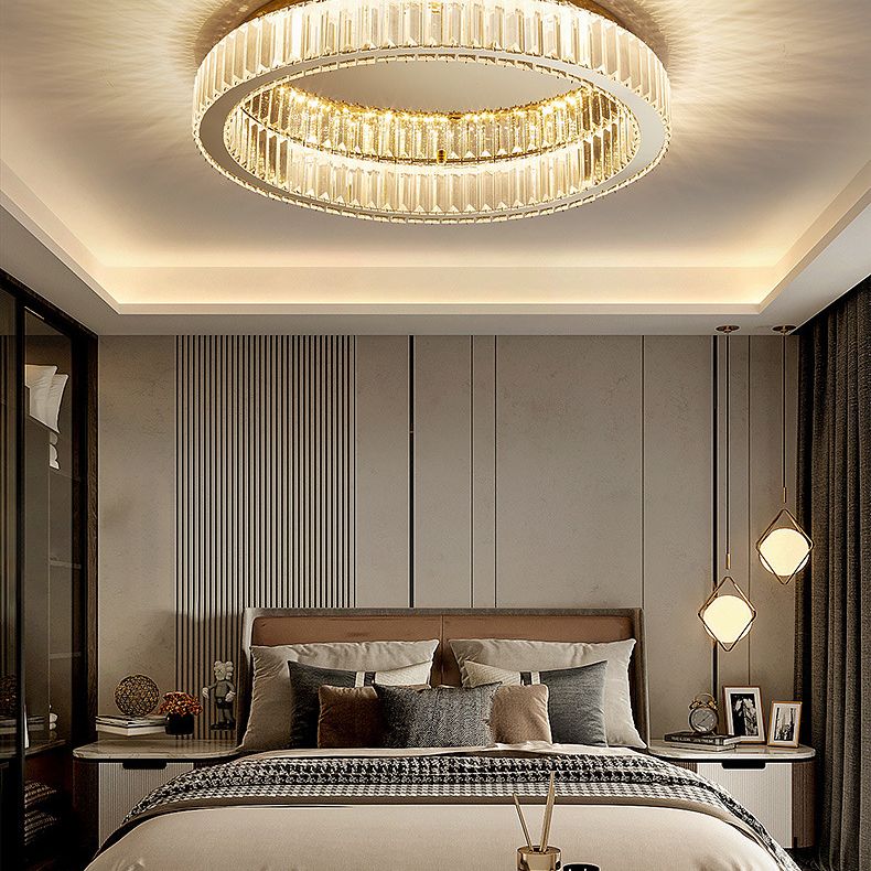 Brass Finish Ring Ceiling Lamp Simplicity Crystal Prism LED Flush Mount Lighting