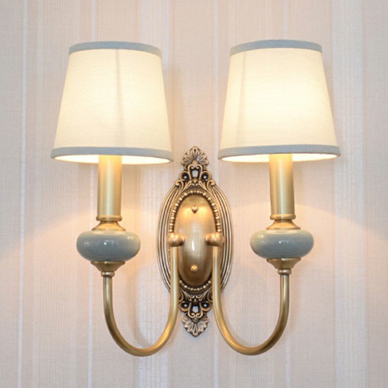 Brass Swoop Arm Sconce Light Traditional Metal Living Room Wall Lamp with Tapered Fabric Shade