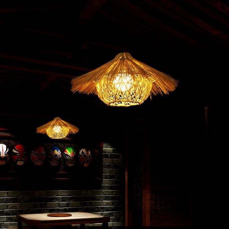 Contemporary Nest Pendant Lighting Fixture Rattan Restaurant Hanging Ceiling Light in Beige
