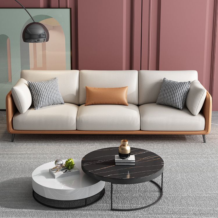Faux Leather Stain Resistant Contemporary Standard Sofa in Orange and Beige