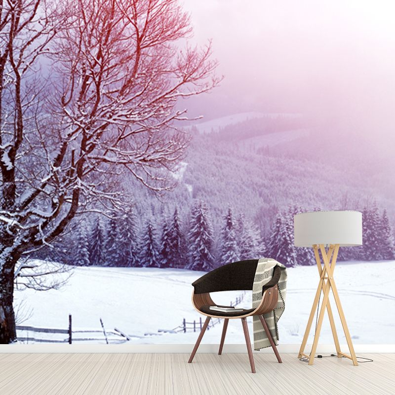 Pink Mountainside Trees Wallpaper Mural Snow Landscape Modern Stain-Proof Wall Art