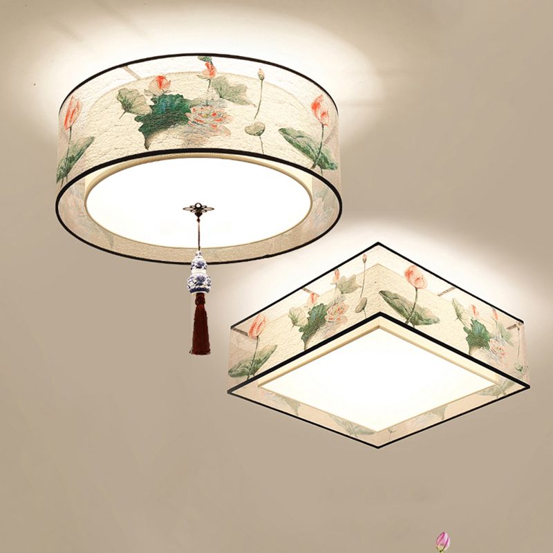 Lampe de plafond d'ombre de tissu de lumière affleurante de Style asiatique pour la salle à manger de salon
