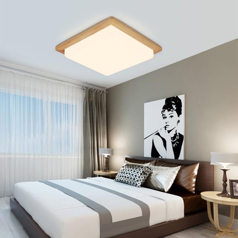 Square Ceiling Mounted Light Modernism Acrylic Beige LED Flush Mount Lamp with Wood Canopy in White/Warm Light, 12.5"/14"/18"/22"/26" Wide