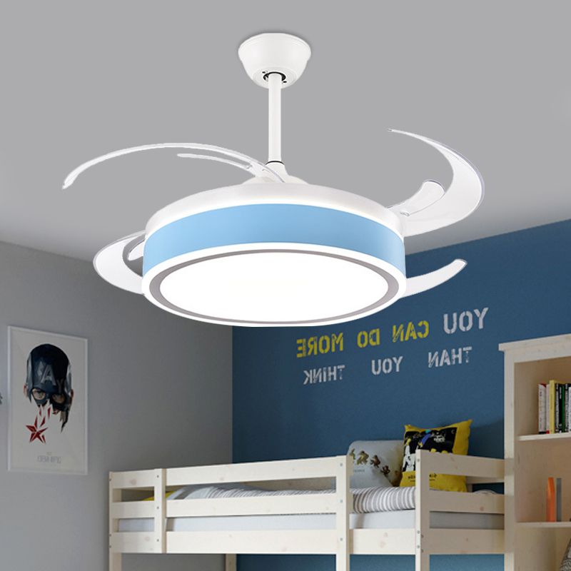 Metal Round Hanging Fan Light Simple Modern 4 Blades LED Semi Flush Mounted Lamp in Grey/Pink/Blue for Dining Room, 47" Wide