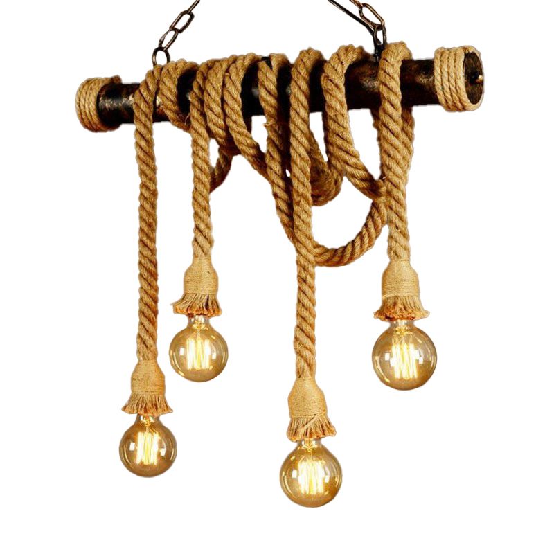 4/6 Lights Jute Rope Island Pendant Farmhouse Brown Linear Wine Bar Hanging Ceiling Light