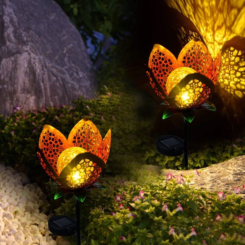 Gold Flower Ground Plug Light Decorative Iron Solar Powered LED Pathway Lamp for Garden, 2 Packs