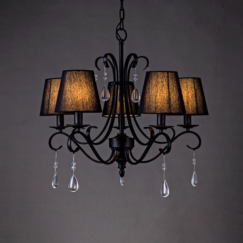 Black Conical Suspension Pendant Rustic Fabric 5 Lights Living Room Chandelier with Swirl Arm and Crystal Drop