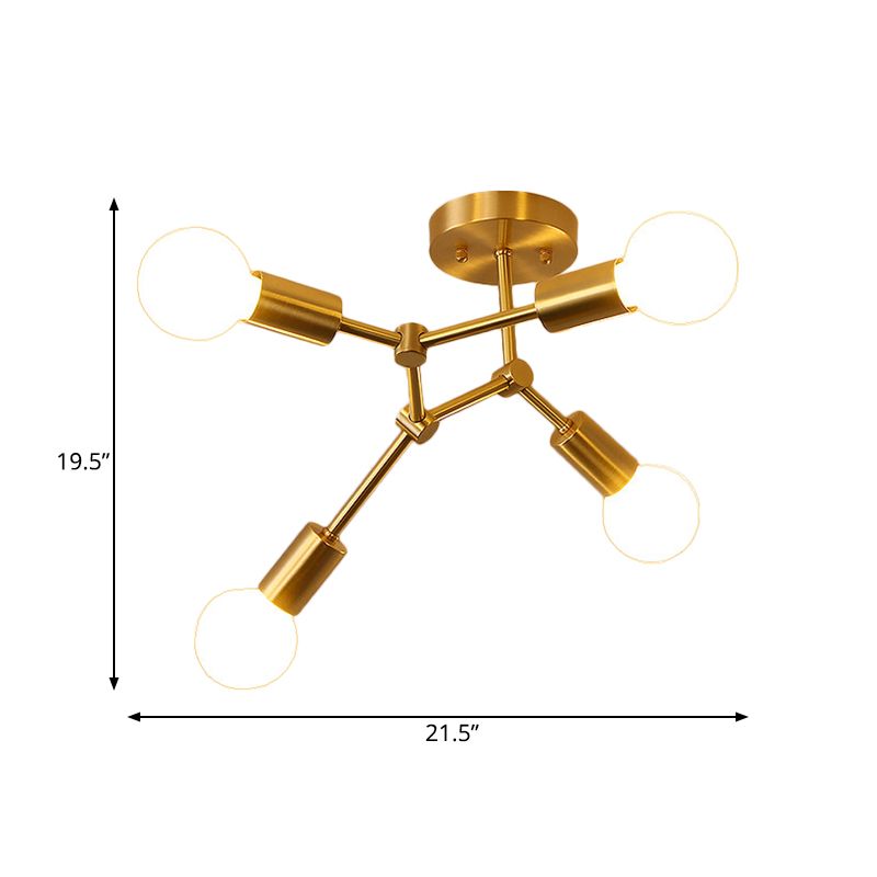 Rotating Molecule Exposed Ceiling Flush Postmodern Metal 3/4-Light Corridor Semi Mount Lighting in Brass