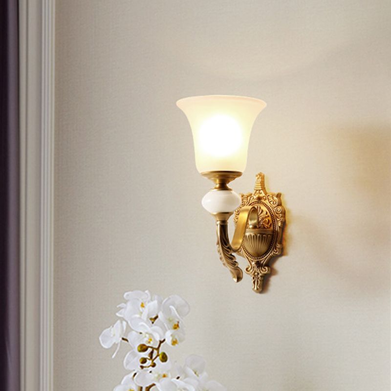 Opal Glass Bell Up Sconce Lamp Traditional 1-Light Stairway Wall Mount Light Fixture in Brass