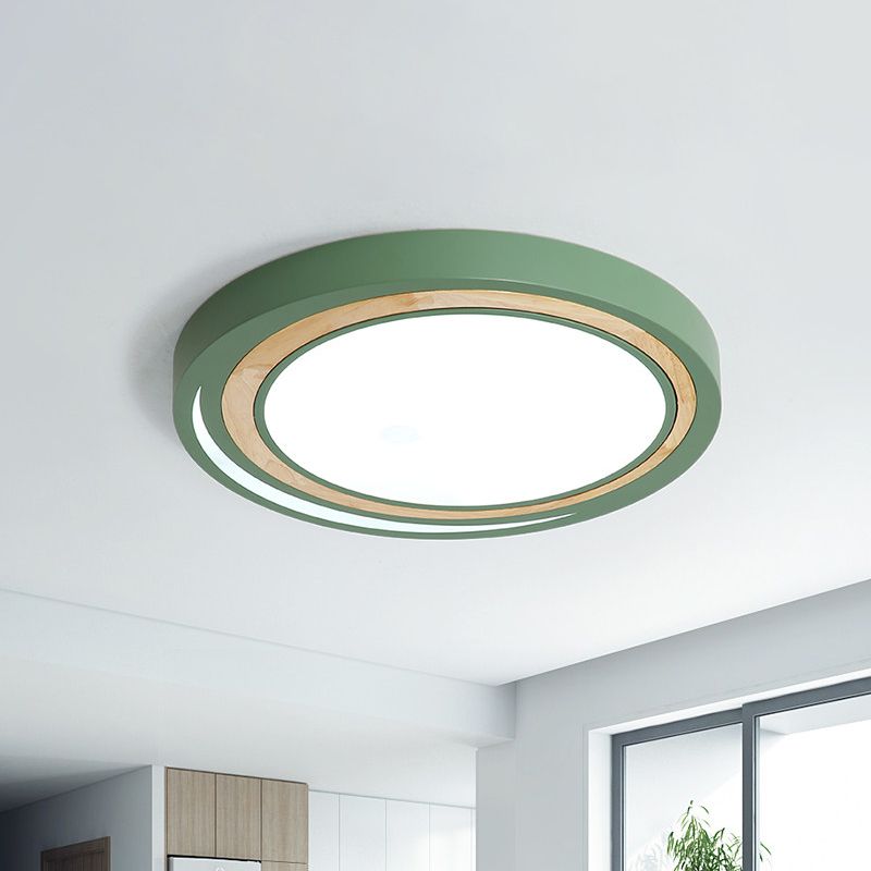 Kids Drum Ceiling Lighting Acrylic Led Bedroom Flush Mount Fixture in White/Pink/Green with Wood Ring