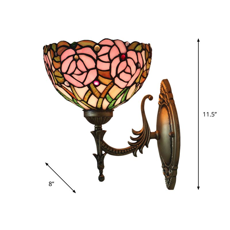 Pink Rose Wall Mount Lighting Tiffany 1 Bulb Stained Glass Sconce with Bronze Carved Arm