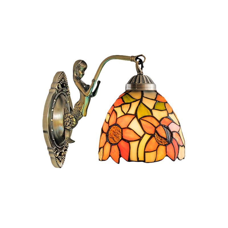 Cut Glass Beige/Orange Wall Mounted Light Bowl 1-Light Victorian Sunflower/Floral Patterned Surface Wall Sconce with Mermaid Arm