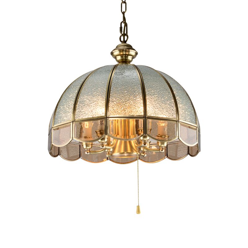 6 Bulbs Dome Chandelier Pendant Light Antique Brass Water Glass Hanging Light with Scalloped Trim