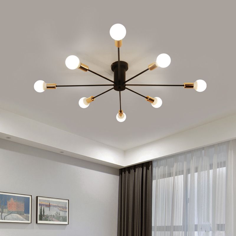 6/8 Heads Bare Bulb Semi Flush Mount Light Vintage Style Black/White Metallic Ceiling Light Fixture for Kitchen