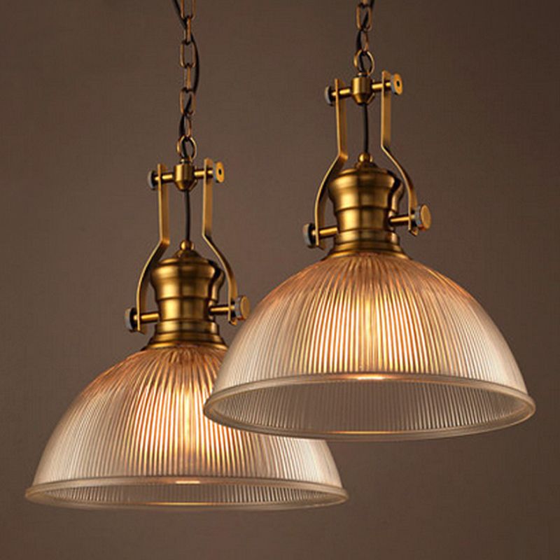 Brass Finish Bowl Pendant Lighting Warehouse Clear Ribbed Glass 1 Head 12"/15"/19.5" W Bistro Hanging Light with Handle