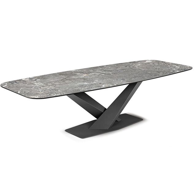 Rectangle Contemporary Dining Room Table Sintered Stone Table with Black Pedestal Base
