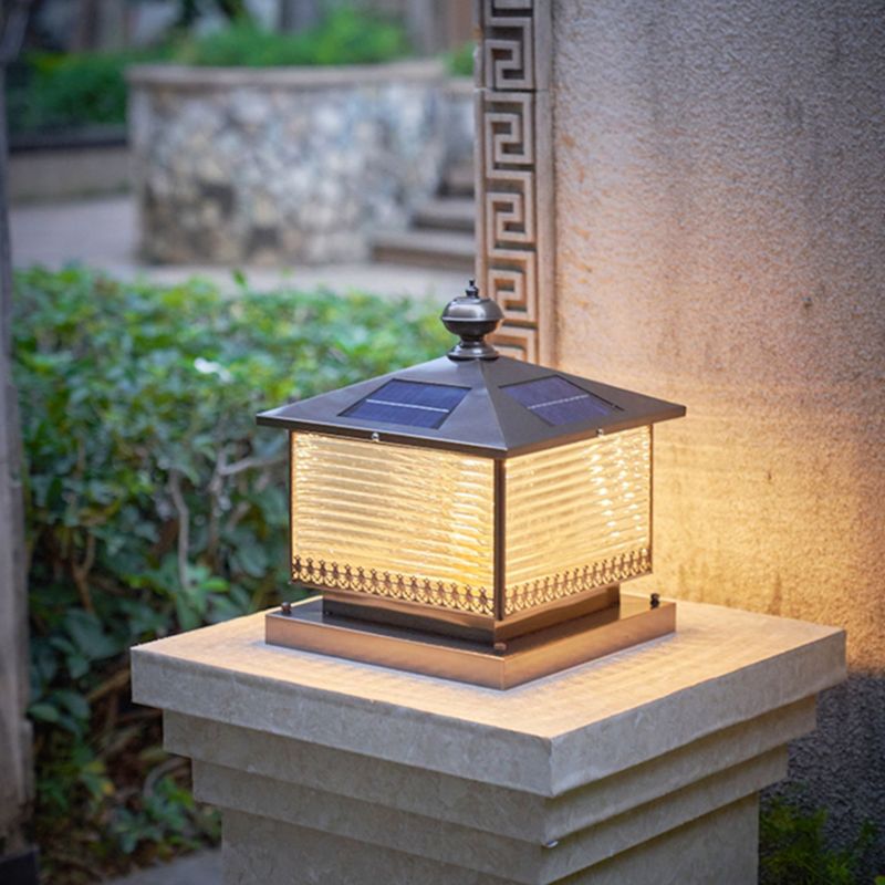 Contemporary Pillar Lighting Fixture Minimalist LED Solar Lamp with Glass Shade for Garden