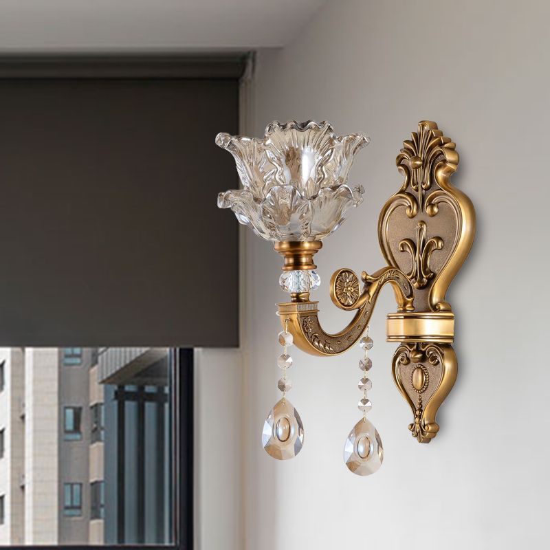 1/2 Bulbs Wall Light Sconce Traditional Living Room Wall Lighting Fixture with Blossom Water Glass Shade in Brass