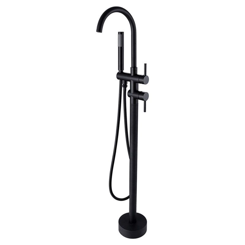 Floor Mounted Metal Freestanding Tub Filler Double Handles Freestanding Faucet with Hose