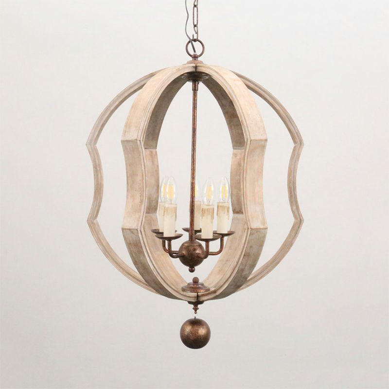 Distressed White Globe Chandelier Lighting Modern Wood 5 Bulbs Pendant Light Fixture with Adjustable Chain