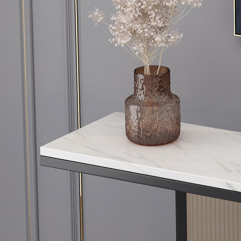 Glam Style Stone Top Console Table with Iron Pedestal Base and Glass