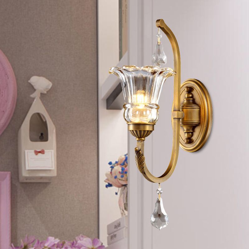 1/2 Bulbs Clear Glass Sconce Traditionalist Gold Floral Living Room Wall Mounted Light with Crystal Accent
